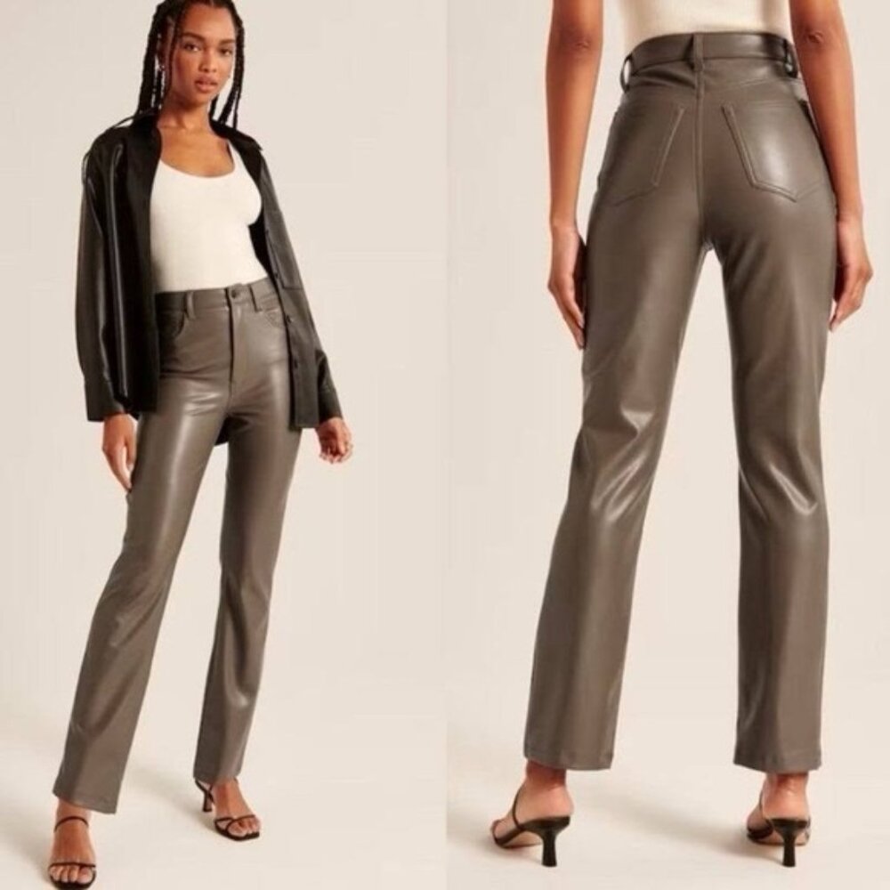Abercrombie & Fitch 90's Straight Ultra High-Rise Curve Love Taupe Leather Pants